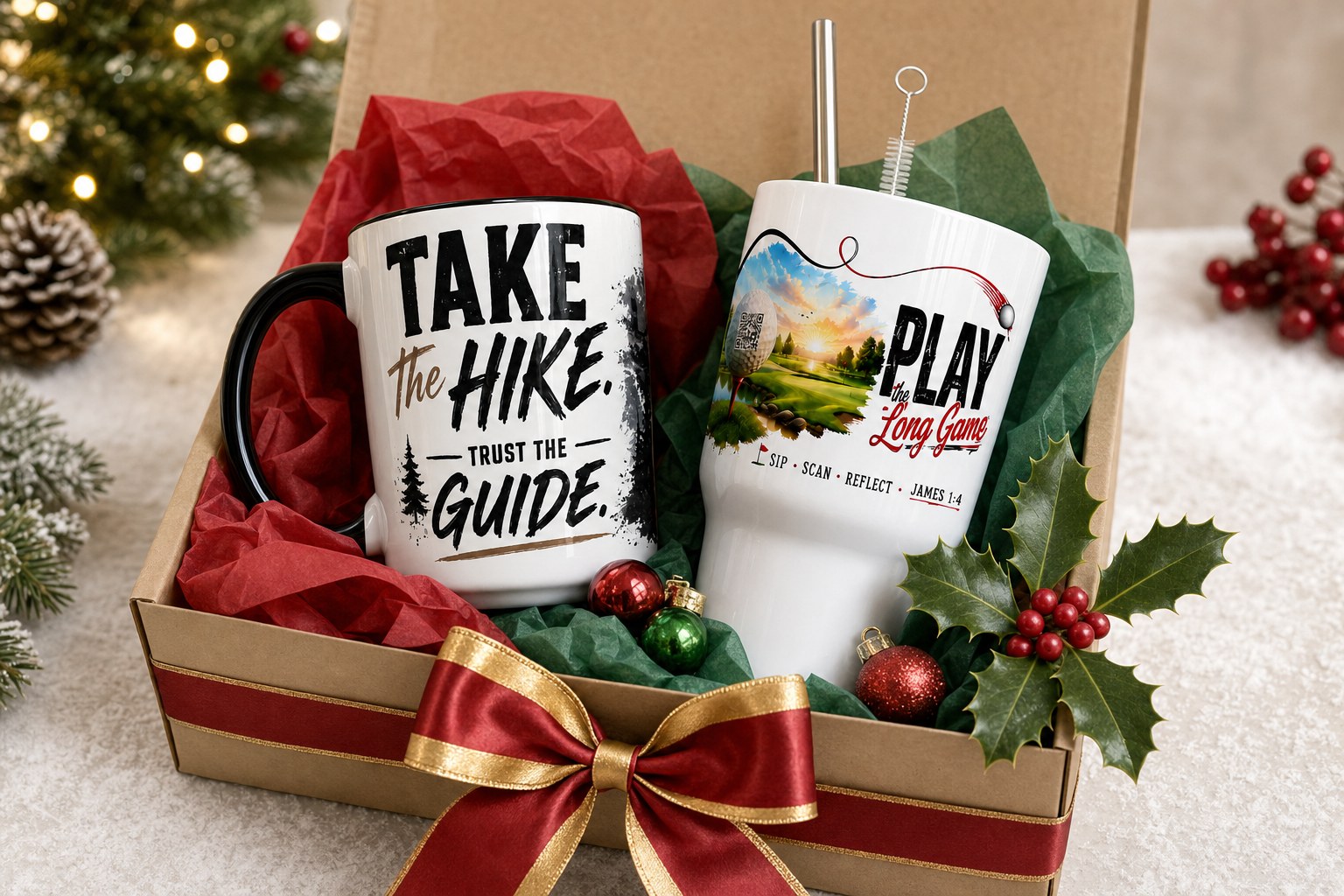 Take the Hike mug and Play the Long Game tumbler gift-boxed with a red and gold ribbon for Christmas